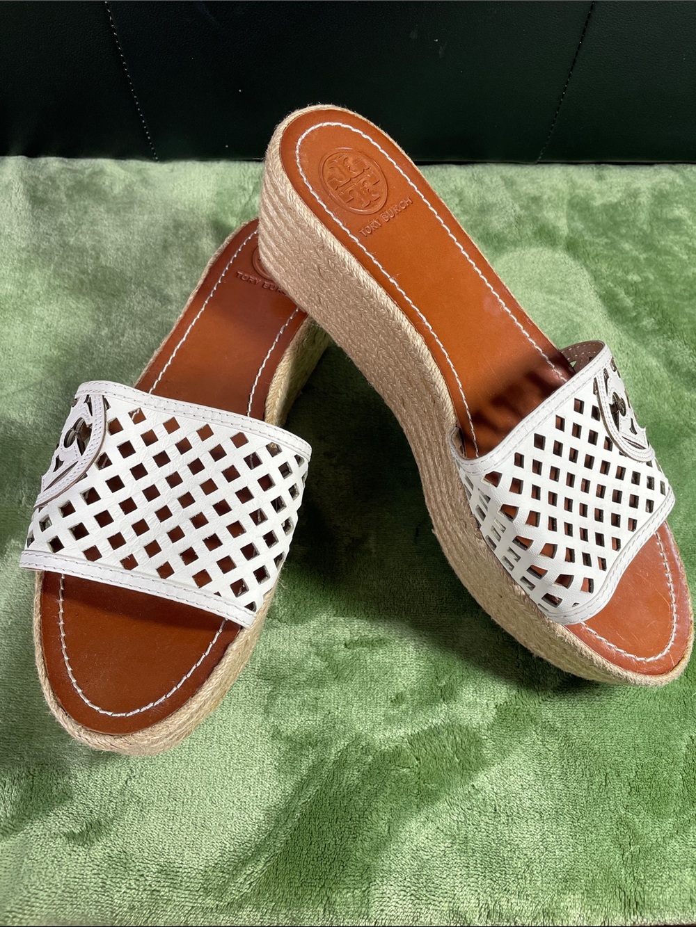Tory Burch Woven White Leather Espadrille Wedge Slide Size11